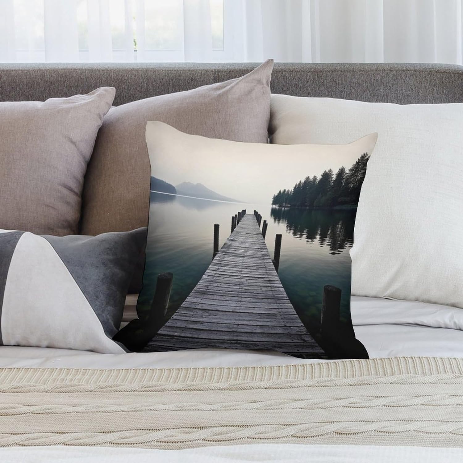 Zippered Pillow Cover, Pillow Protector, Wood Jetty and Calm Lake Printed Pillow Cover of 4, Pillow Not Included