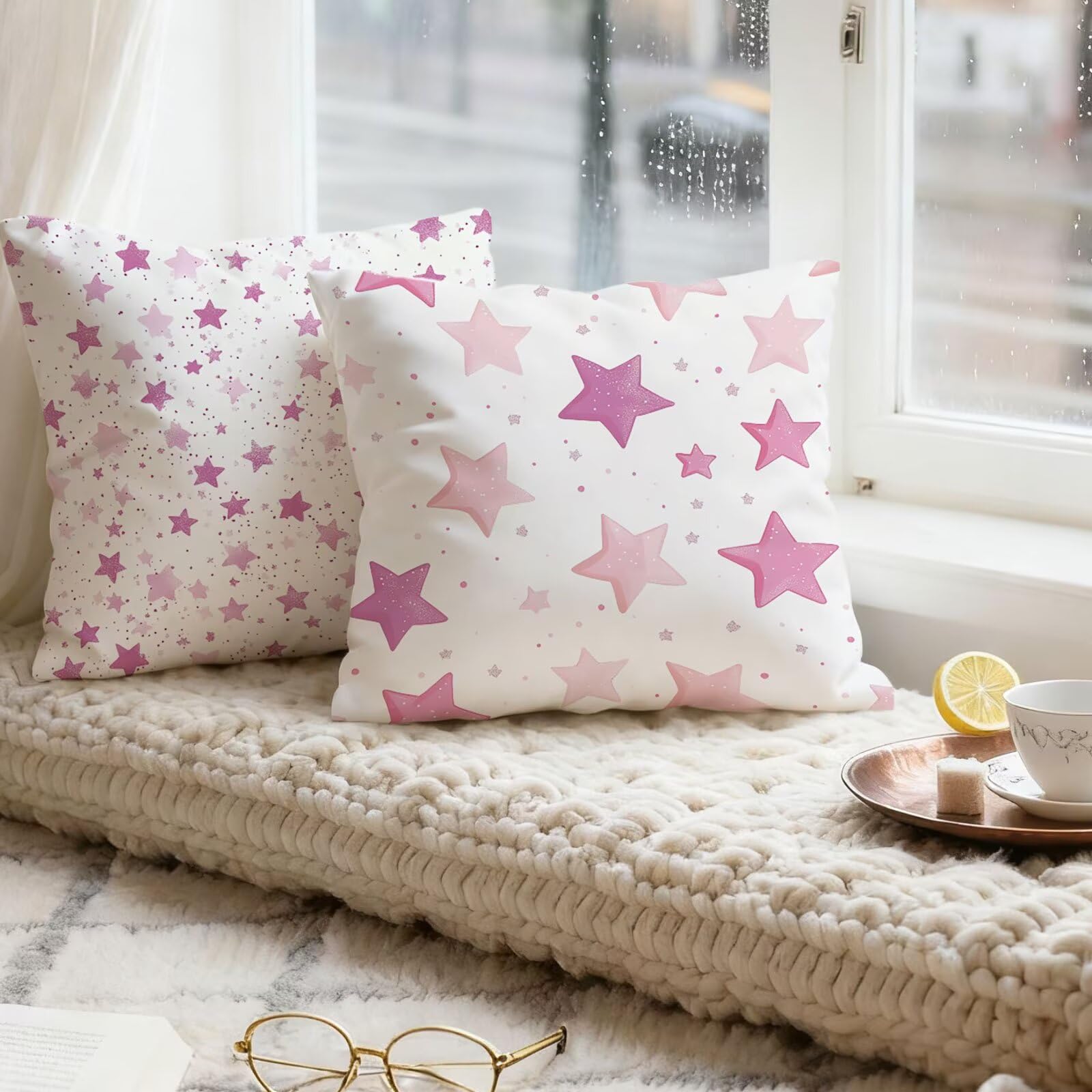 Rosa Funda Almohada 60x60 Estrella Funda Cojin 60x60 Cojines Sofa Lino Fundas Almohadas Cuadrada Fundas Cojines Juego 4 Protector Almohada Cervicales y Cuello Pillows, para Jardin Dormitorio E - 713