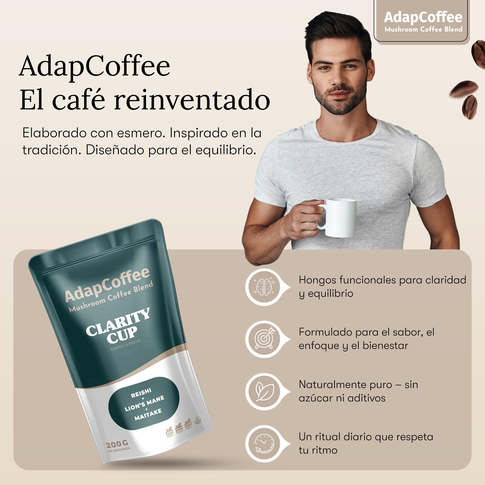 Clarity Cup – Café Instantáneo con Hongos Adaptógenos – Lion’s Mane, Reishi, Maitake – Enfoque y Vitalidad – Sabor Gourmet con Cacao Puro – 200 g – 50 Tazas