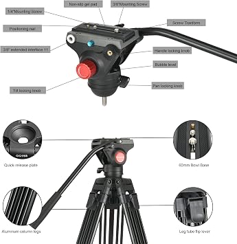 Heavy Duty Tripod Professional Video Camera Tripod Aluminium 67 Inches with 360 Degree Fluid Head and QR Plate, Mid-Level Spreader, Max Loading 22LBS for Canon Nikon DSLR Cameras Video Camcorders
