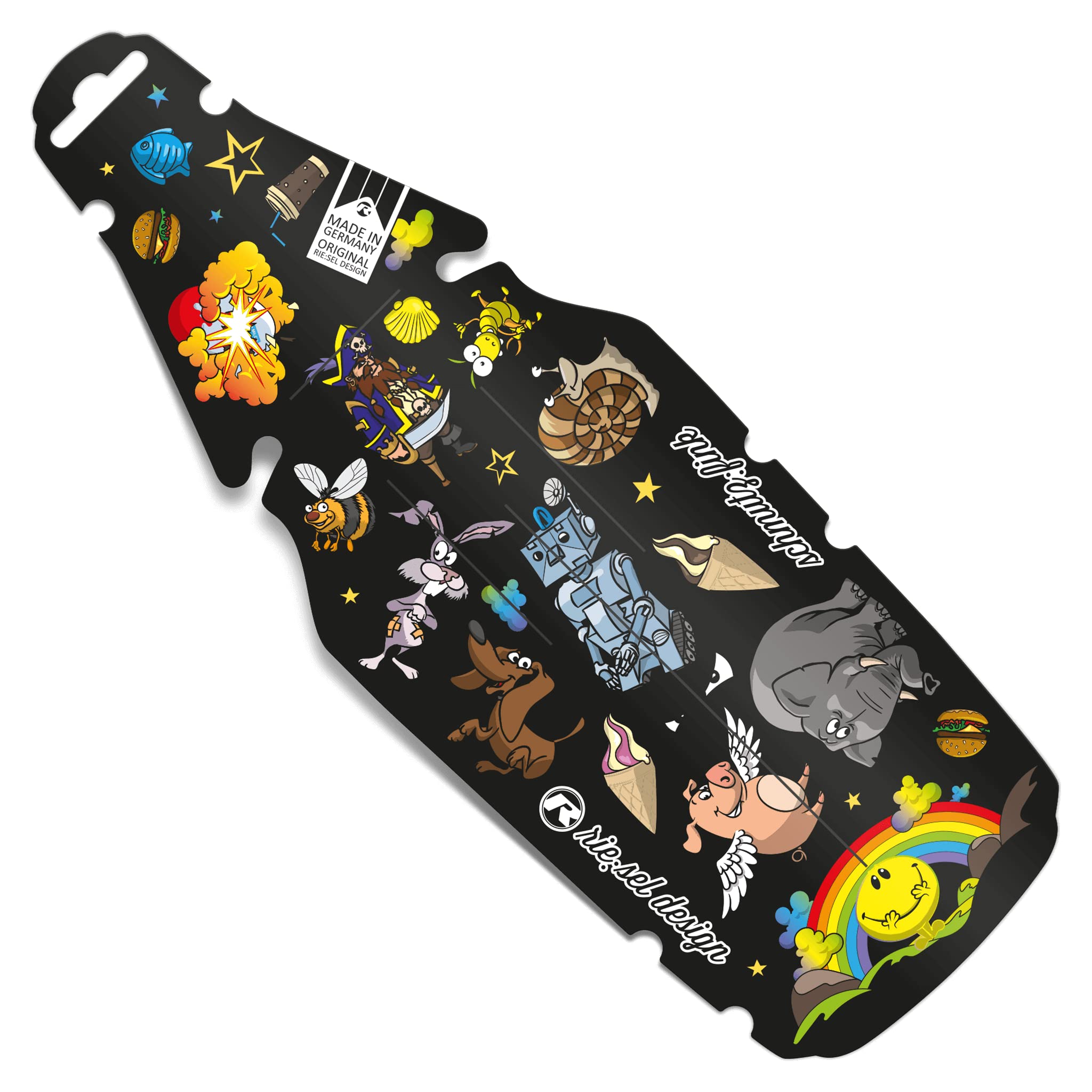 Riesel Design – "Schmutz:Fink Children's Bike Mudguard/Splash Guard for Bicycle or Mountain Bike/Mudguard for Boys and Girls – Tool-free Mounting on the Saddle – StickerBomb
