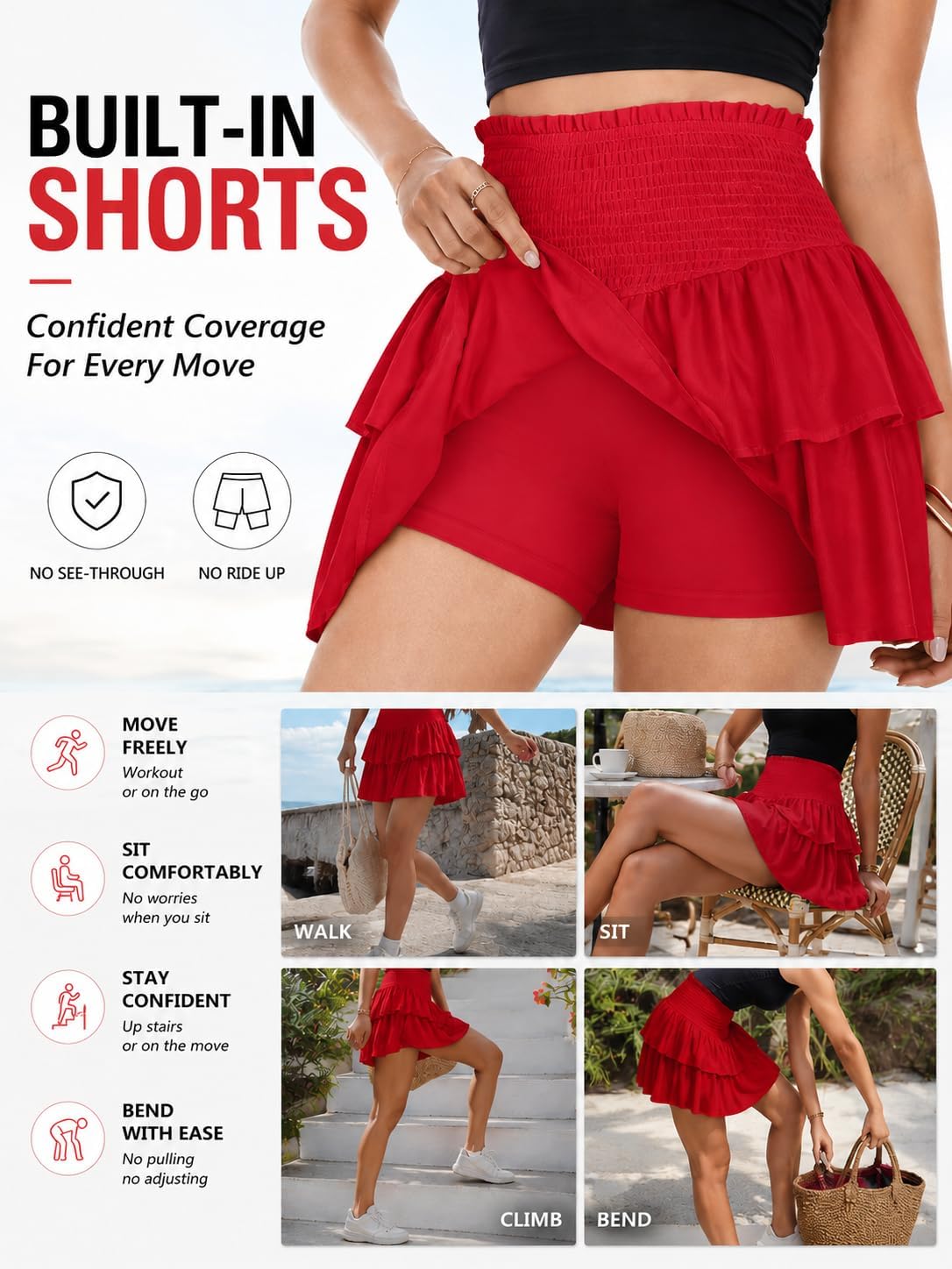 Vigorics Women's High Waist Ruffle Mini Skirt Cute Tiered Short Skirt with Shorts Underneath