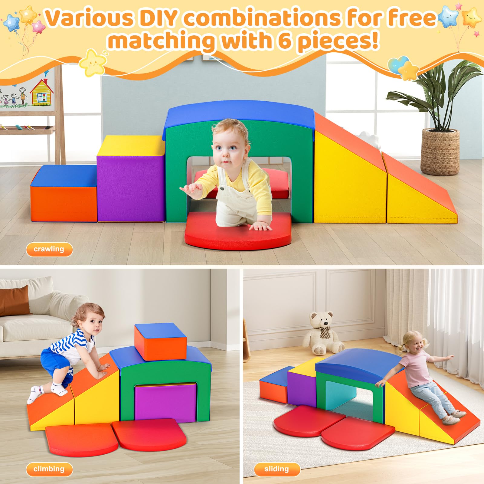 Baby-Schaumstoffbausteine, XXL Softplay-Set für Kleinkinder von 1–3 Jahren, Baby-Kletterturm mit Rutsche, große Bausteine für Indoor-Spaß (bunt-6-L)