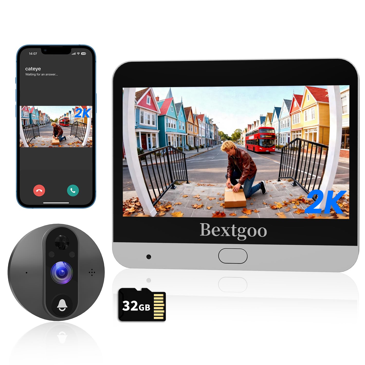 Bextgoo Spioncino Digitale WiFi, 2K Videocitofono WiFi, Display 4,3" Pollici, Batteria 8000mAh, Visione 170°, Visione Notturna, Rilevamento Umanoidi AI, Audio Bidirezionale, Scheda da 32 GB Inclusa