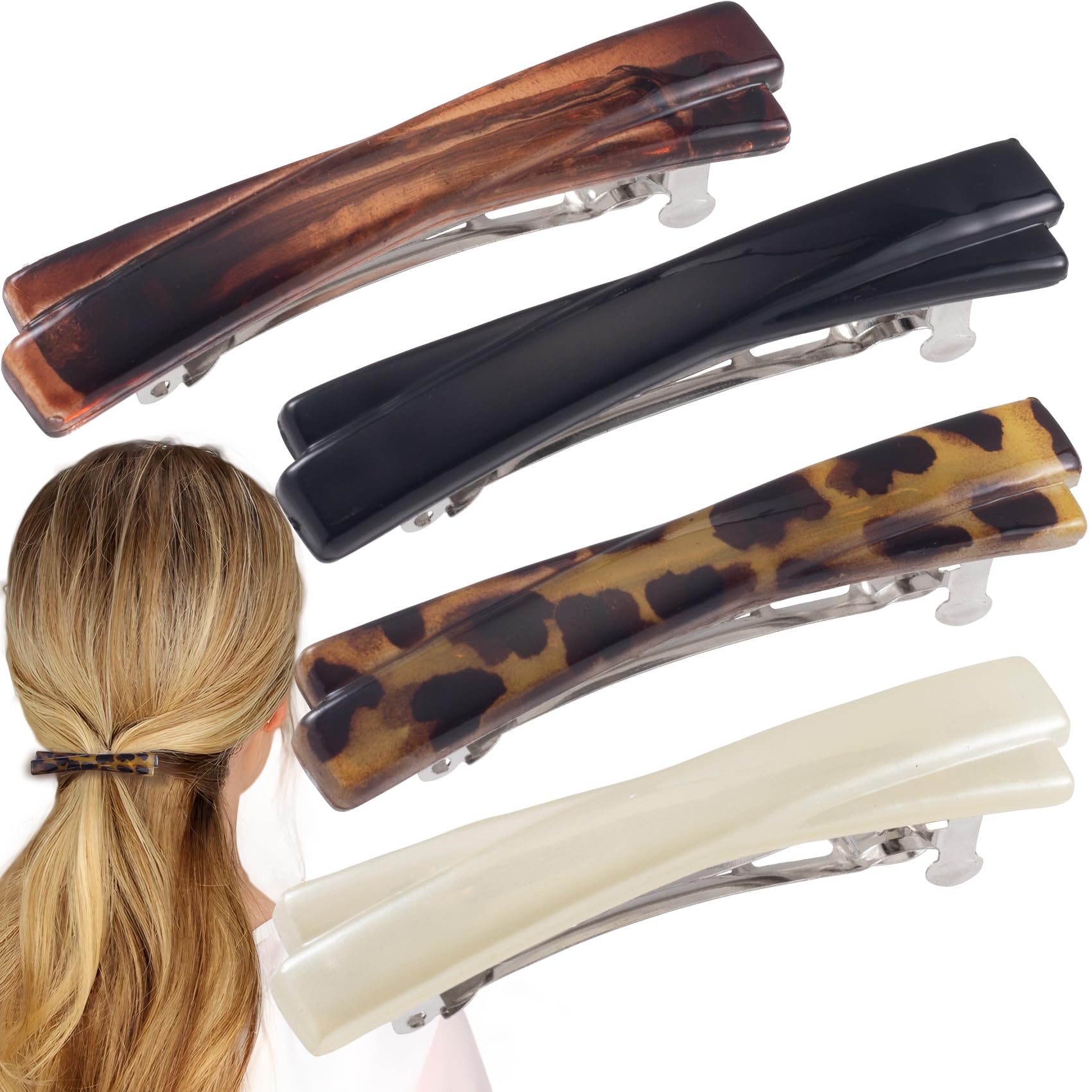 YALOJE 4pcs Small French Hair Barrettes for Women, 2.56" Non-Slip Tortoise Shell Hair Clips, Glossy Curved Flat Decorative Hair Accessories for Thick,