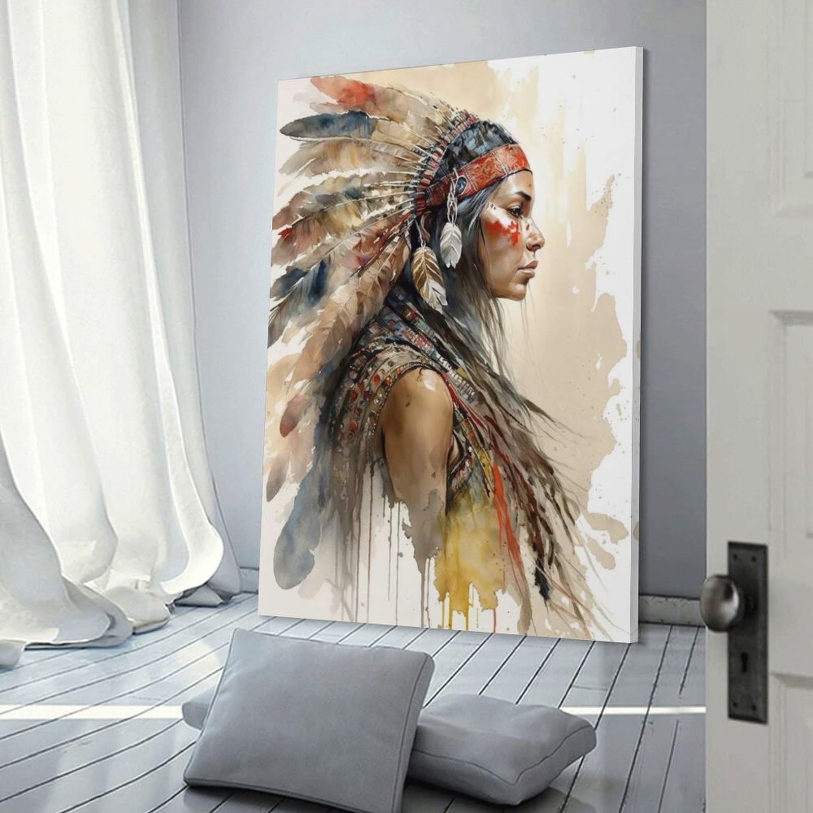 Junmoney Frame-Style-10-2 Canvas Art Print Native American Warrior Art Print, 24X36inch(60X90cm), For Calm Bedrooms, Home Corners Or Flats, A Warm Accent For Relaxed Interiors