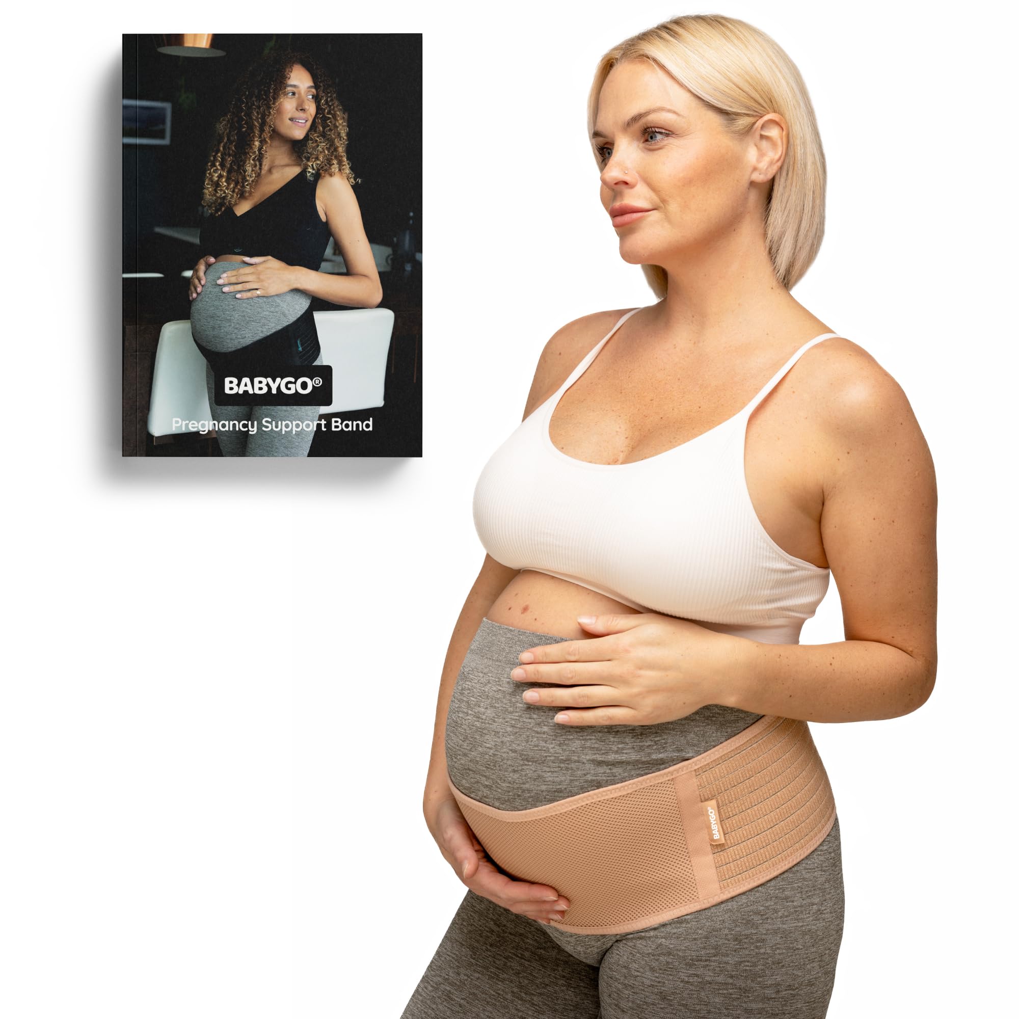 BABYGO® 2 in 1 Pregnancy Belly Band Support for Bump | Pelvic Maternity Belt for Pregnant Women | Helps with Back, Hip Pain | 50 Page Book Included | Nude One Size