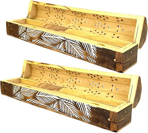 Vista 36 de Paquete de 2 quemadores de incienso de madera tipo ataúd - Incrustaciones de latón de 12 pulgadas - Compartimento de almacenamiento (Buddha)