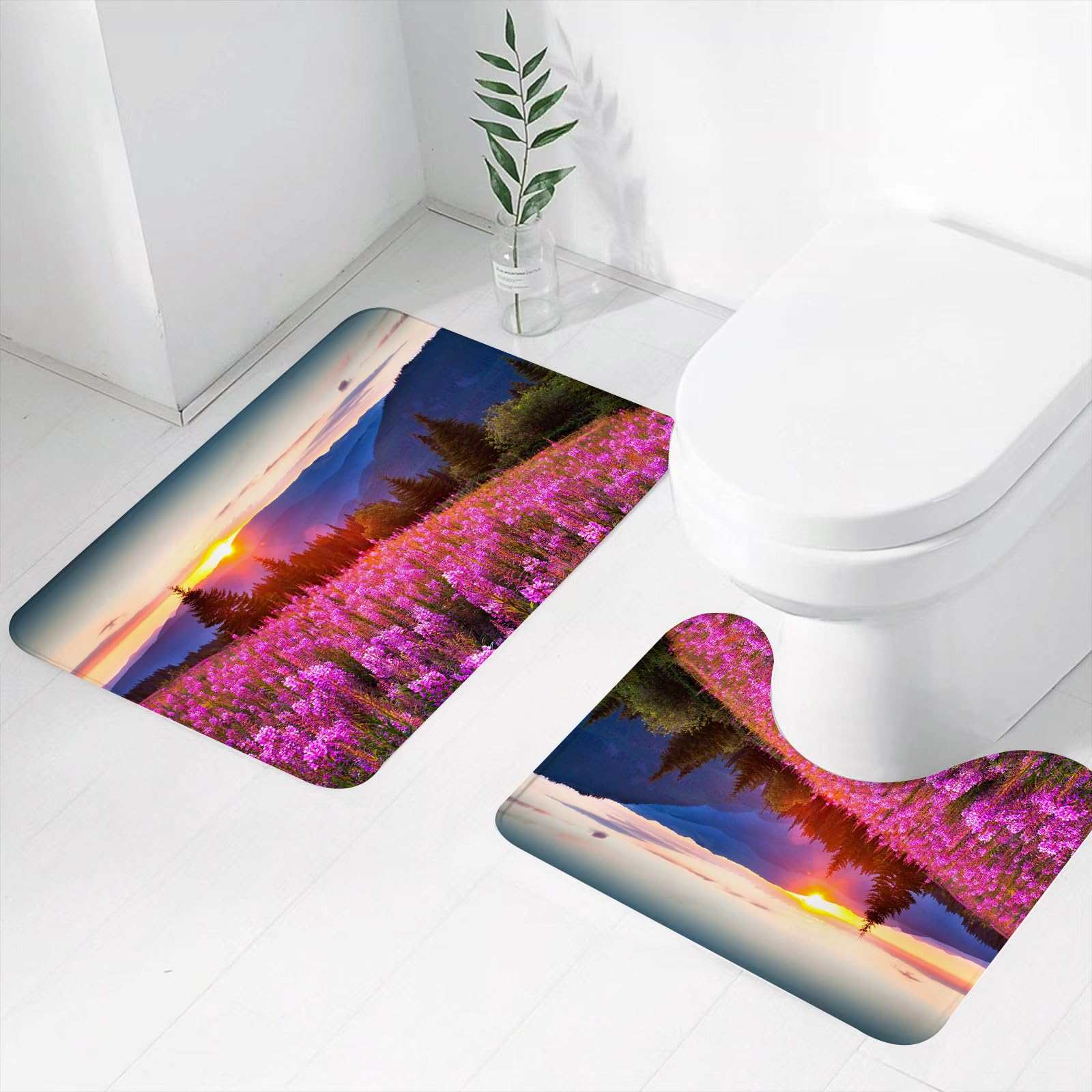 Set di 2 tappetini da Bagno, Lavabili in Lavatrice e Antiscivolo, tappetini Morbidi in Fibra Superfine, Stile Country, idilliaco Paesaggio Primaverile in Montagna con Fiori, Alba r