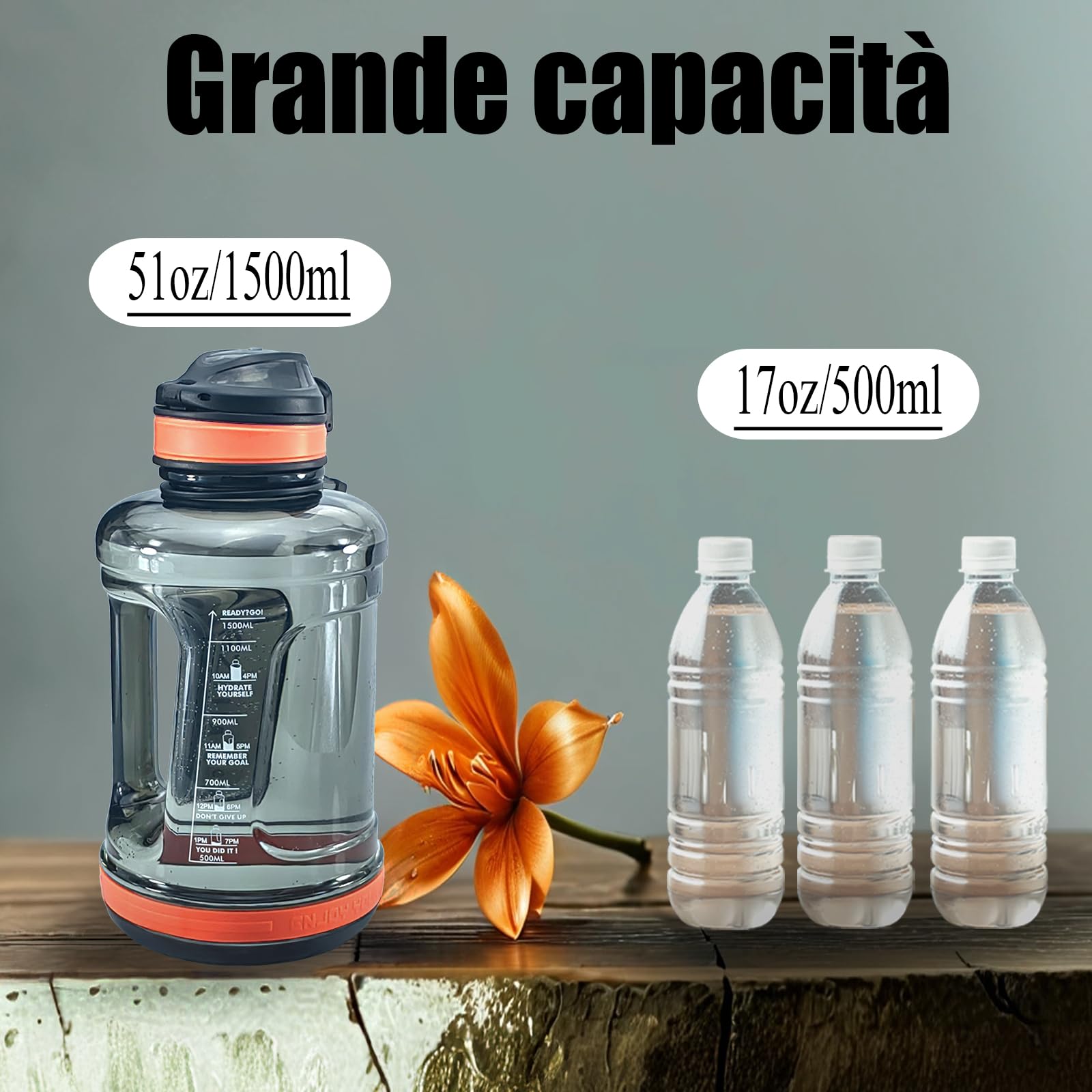 Goodatech Borraccia Sportiva, 1.5L/52 Oz, a Prova di Perdite, senza BPA, con Indicatore di Tempo, Riutilizzabile per Atletica, Ciclismo, Palestra, Ufficio, Viaggi all'Aperto (Nero)