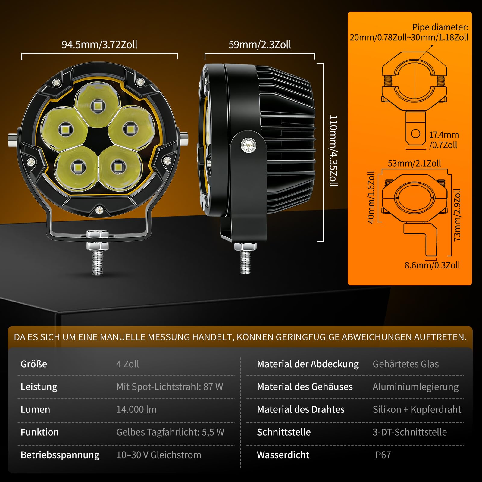 CO LIGHT 4" Motorrad LED Zusatzscheinwerfer, Nebelscheinwerfer, Motorrad LED Scheinwerfer mit DRL, mit Kabelbaum, Flash Modus, 100W 14000LM Ultrahell