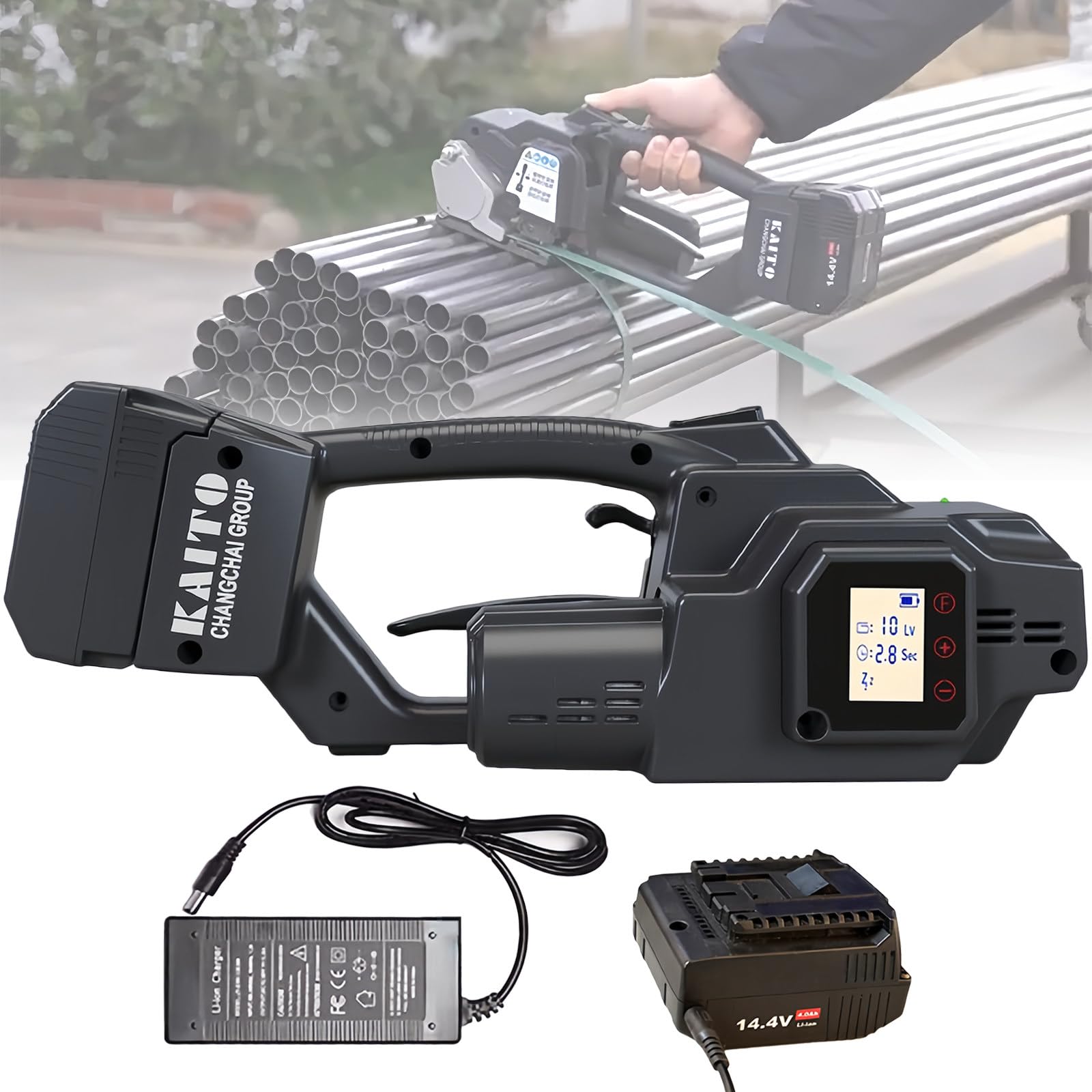 YXYLJOZ Portable Electric Strapping Machine for 7-19mm PP/PET Straps, 4000mAh Battery-Powered Automatic Banding Tool with Digital Display for Packaging Boxes & Pallets (1 battery)
