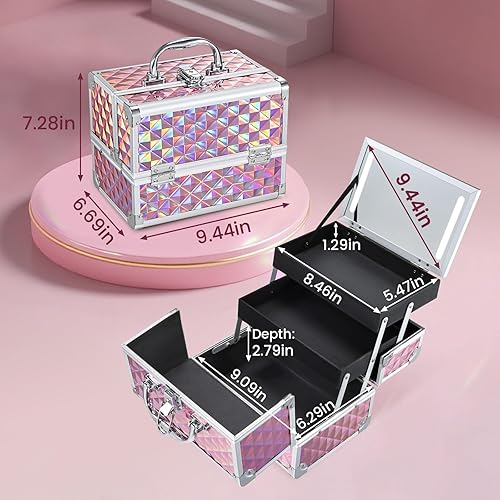 Miniatura 5 de Estuche de maquillaje con espejo iluminado, caja organizadora de maquillaje de viaje, 2 bandejas con cerradura para cosméticos con espejo LED para