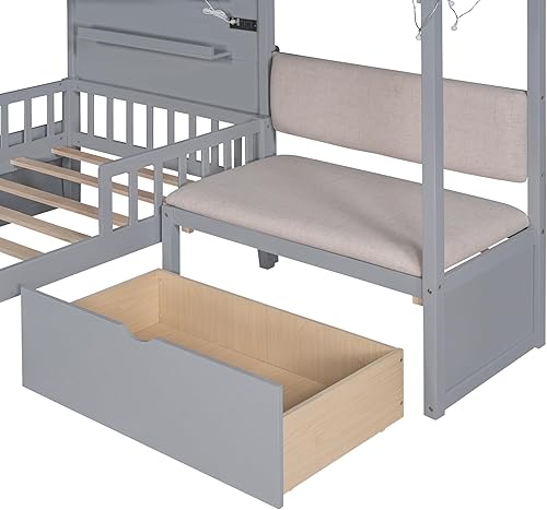 Miniatura 49 de Cama de casa de tamaño individual con 2 cajones, marco de cama de madera y barandilla de seguridad. Ahorra espacio, ideal para el dormitorio de un