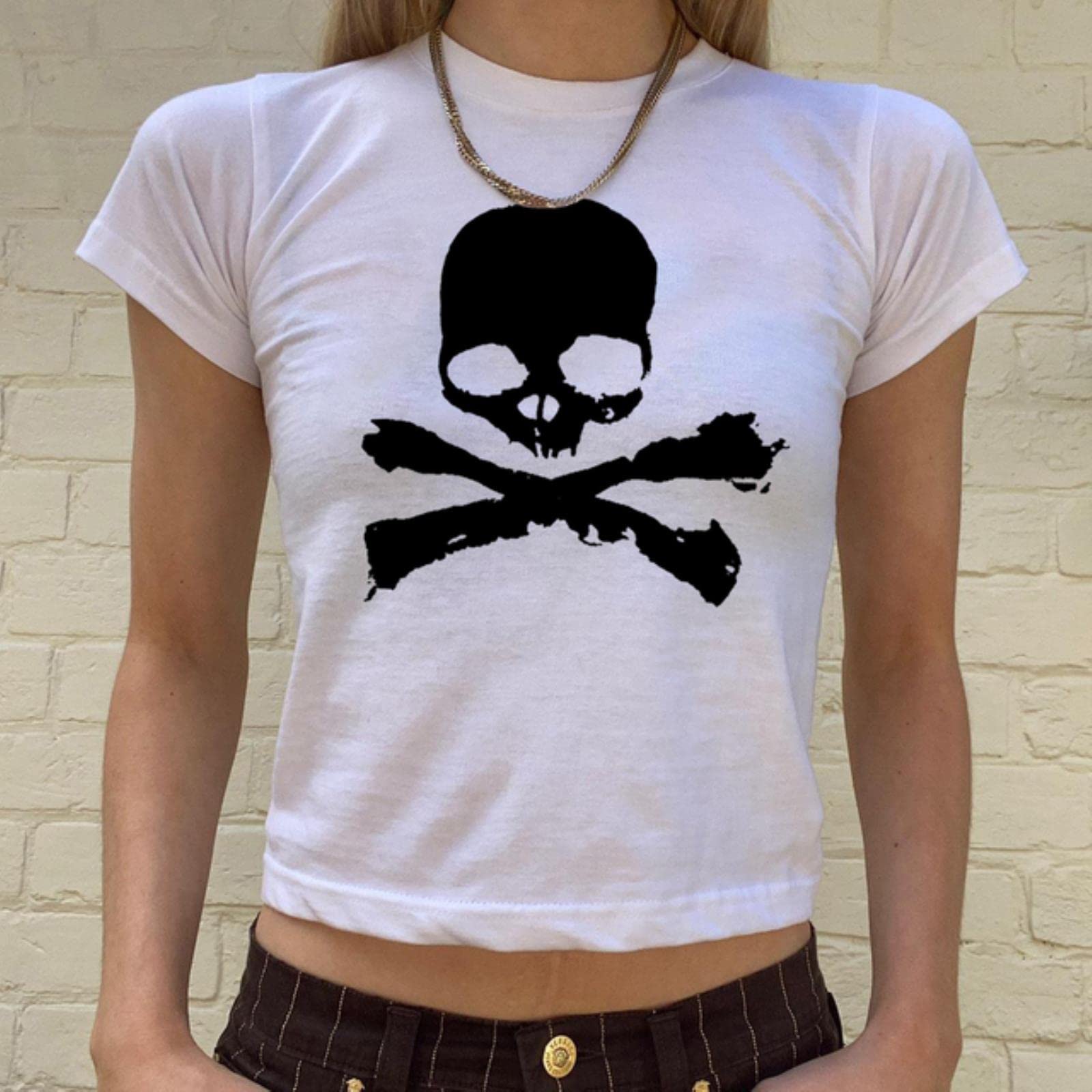 YOND Skull Punk Women T-Shirt Summer Casual 90s Vintage Grunge 