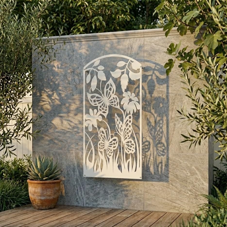 Laser Hut Metal Wall Art - Butterfly Flower Metal Wall Decor - Elegant Home Decor, Garden Decor, Indoor - Outdoor Use - Heavy Duty (White)