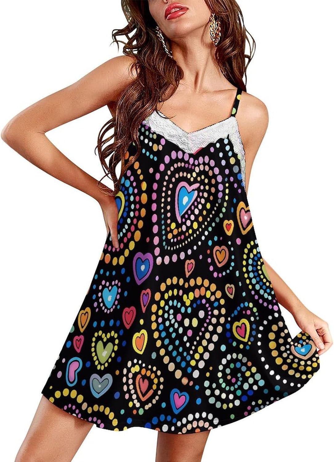 Colorful Hearts Women's Nightgowns Sleepwear Adjustable Spaghetti Strap Sleep Dress Sleepshirt