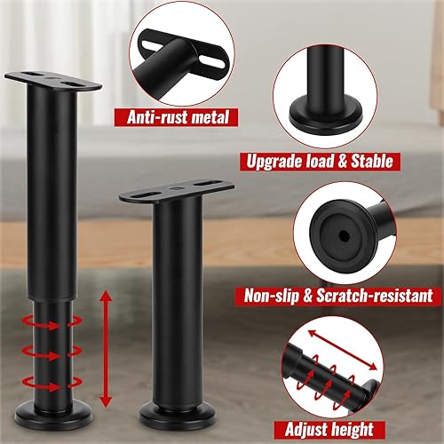 Miniatura 6 de 4 patas de soporte de cama de altura ajustable de 7.08 a 12.6 pulgadas, marco de cama de metal resistente, listones centrales de soporte, patas de