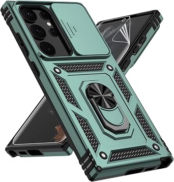 for Samsung Galaxy S23 Ultra Case, with Slide Camera Cover HD Screen Protector 360 Rotable Ring Holder Kickstand Military Grade Protection Drop Tested Protective Phone Case for S23 Ultra Dark Green