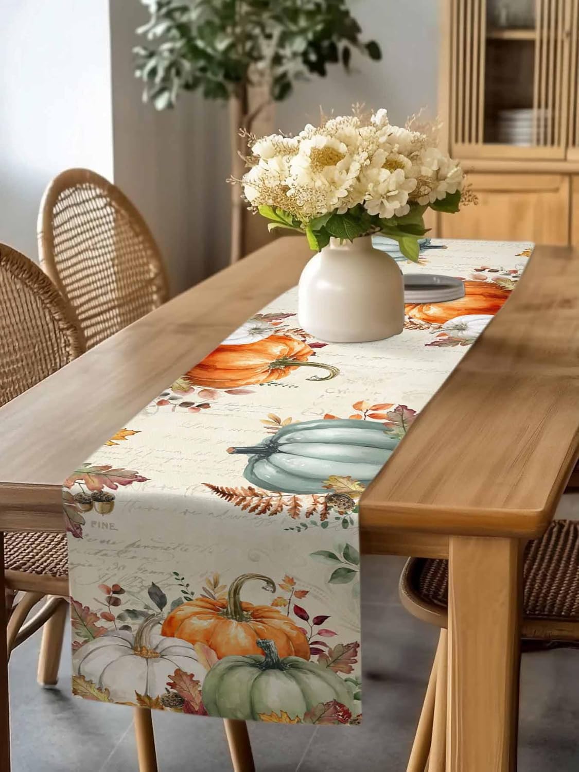 Cotton Linen Table Runner - Vintage Fall Orange Green White Pumpkins - Rustic Fallen Leaves - Autumn Thanksgiving Farmhouse Table Runner for Dinning Table - 13x90 Inch