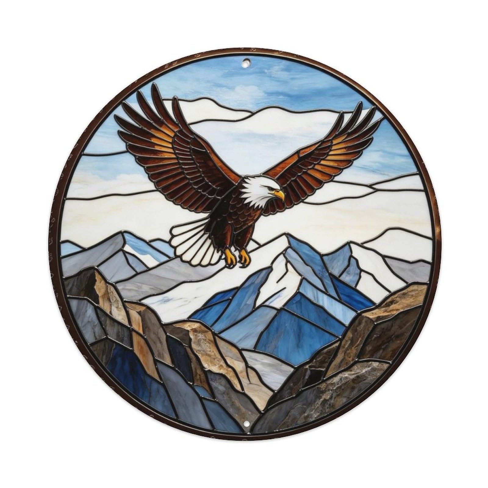 Bald Eagle Soaring Over Rocky Mountain Stained Glass Metal Tin Sign Plaque