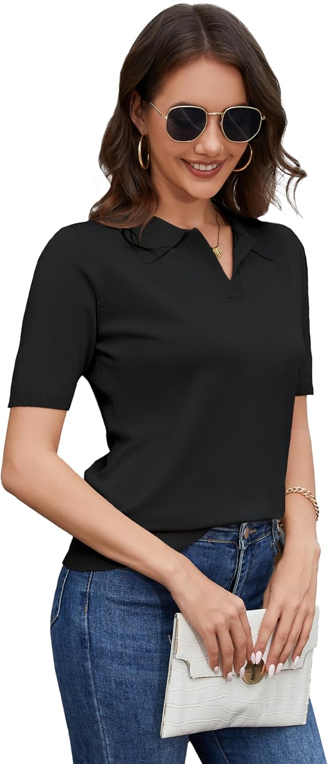 Neineiwu Womens Short Sleeve Sweater Casual Knit Lightweight Spring Top V Neck Soft Business Pullover Shirt - Image 5