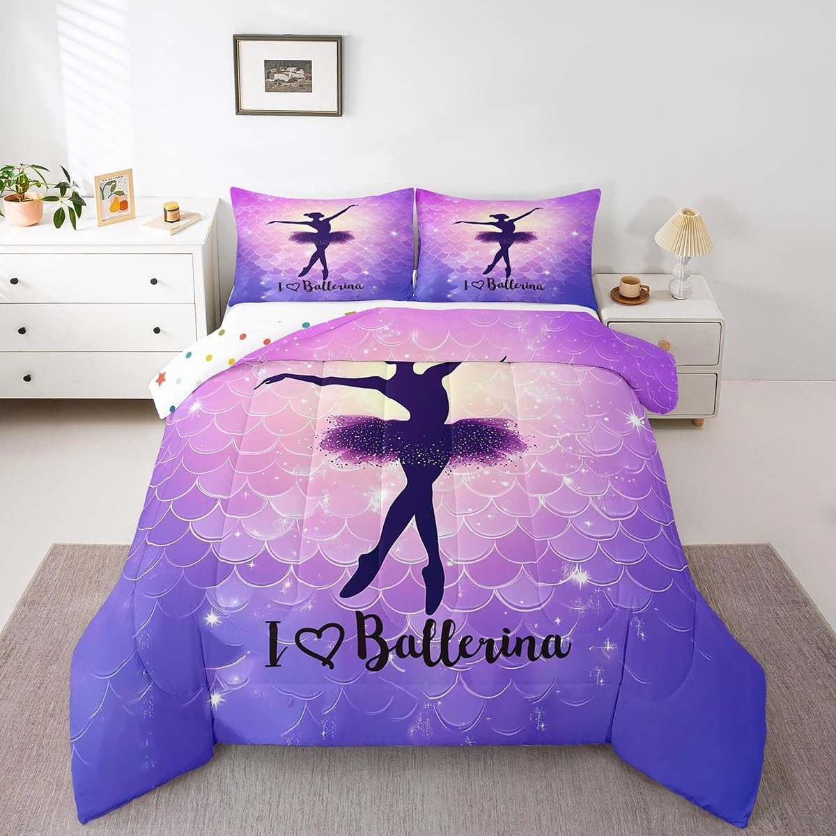 Mermaid Scale Comforter Set For Girls, Ballet Decor Bedding Set Twin Size Dancing Ballerina Duvet Insert For Kids Boys Teens Adult Bedroom Decor, Starry Sky Rainbow Pastel Quilted Duvet, Pink Purple