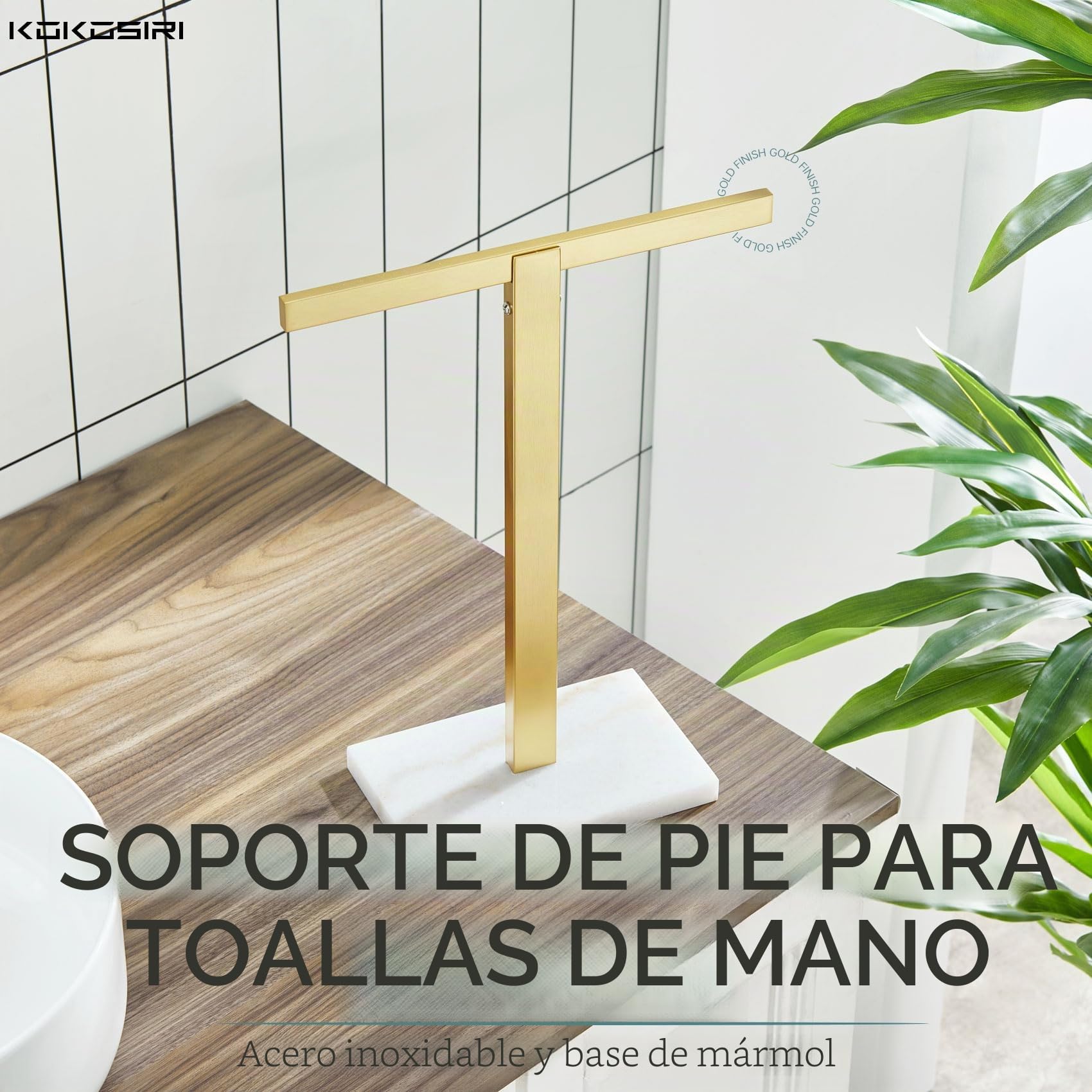 KOKOSIRI Toallero de Mano con Base de mármol para baño, Cocina, tocador, encimera, Acero Inoxidable Dorado de 15.7 Pulgadas de Altura, THS0002-SM-BG