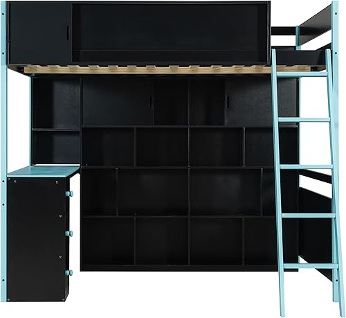 Miniatura 129 de Cama tipo loft de tamaño individual con 3 estantes, 2 armarios y 2 cajones, cama alta funcional con escalera de almacenamiento, marco de cama loft