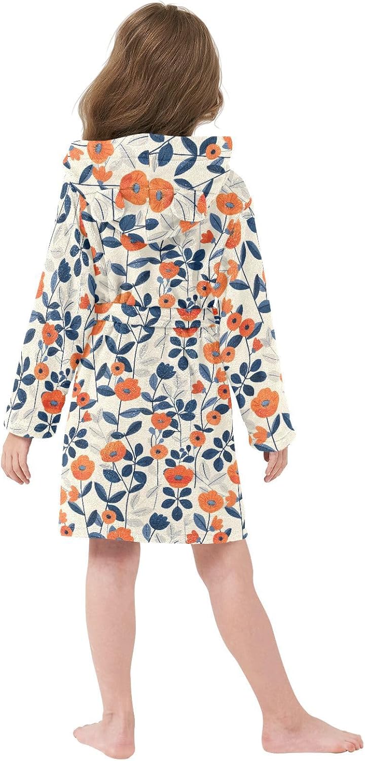 senya Blue Flower A Toddler Hooded Bathrobe Kids Soft Plush Bath Towel Robes for Boys Girls 2-12 Years
