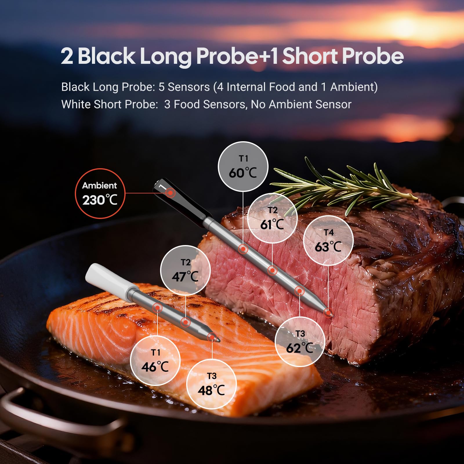 INKBIRD INT-33-BW - Termometro da carne senza fili, WiFi 5G e Bluetooth 5.4, con 3 sonde, sensore multisensore