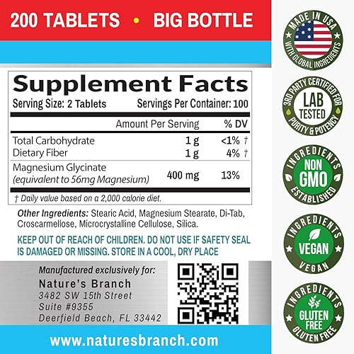 Miniatura 6 de Glicinato de magnesio 400 mg - 200 tabletas - Alta absorción, suplemento Mag de bisglicinato no tamponado para dormir, calambres en las piernas,