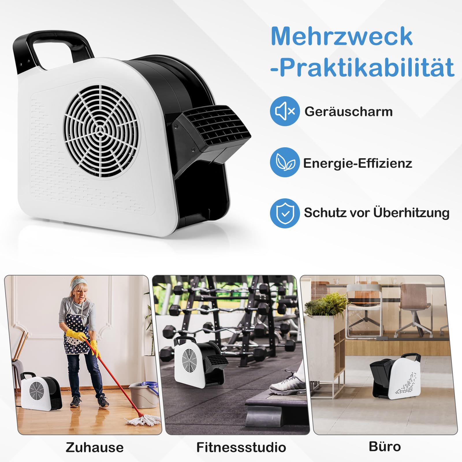 RELAX4LIFE Bodenventilator 130W, Bodengebläse mit 3 Geschwindigkeiten & 185° schwenkbarem Kopf, Floor Drying Fan zum Trocknen, Kühlen, Belüften, 2 AC-Steckdosen, Ventilator für Zuhause, Büro, Gym