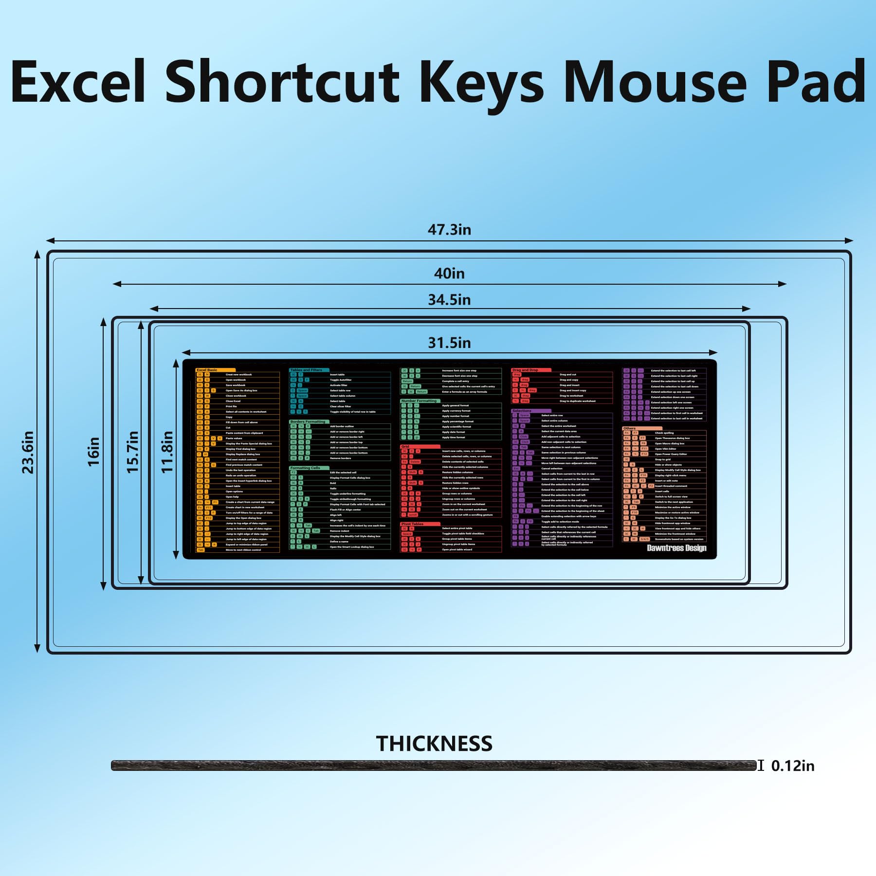 DAWNTREES XL großes Excel-Spickzettel-Schreibtischunterlage für Mac, 120,1 x 60,9 cm, Excel-Mauspad für Mac, rutschfeste Schreibtischunterlage für Büro, Zuhause, Gaming
