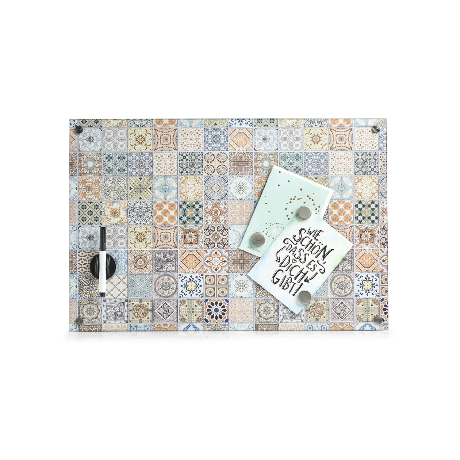 Pizarra magnética efecto mosaico – Planificador de pared para notas para nevera con rotulador, cristal, 60 x 40 cm