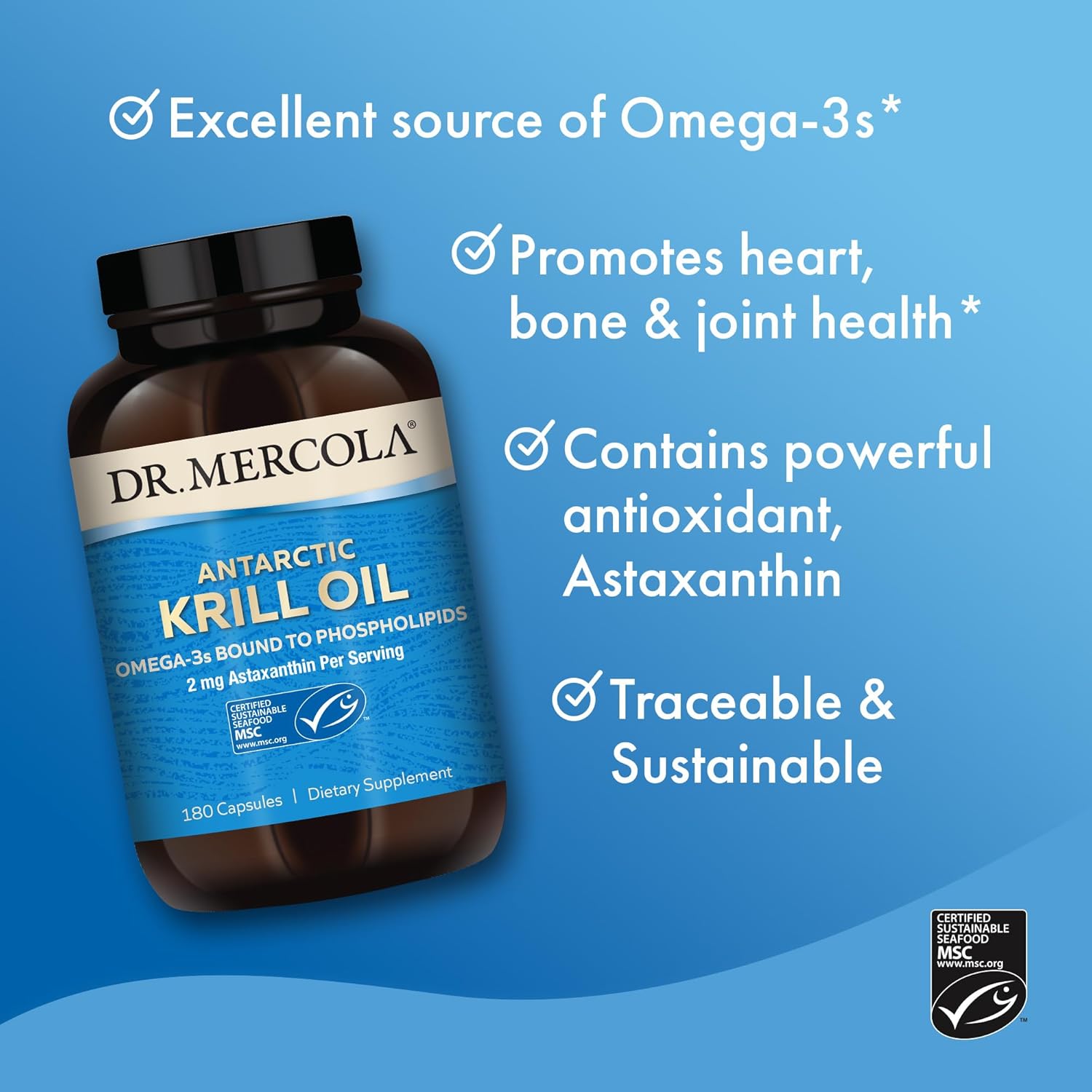 Dr. Mercola Antarctic Krill Oil, 1,000 mg per Serving, Omega-3 Supplement with EPA, DHA, Phospholipids & Astaxanthin, Supports Heart, Brain & Immune Health, Non-GMO, Soy-Free, 180 Capsule (90 Serving)