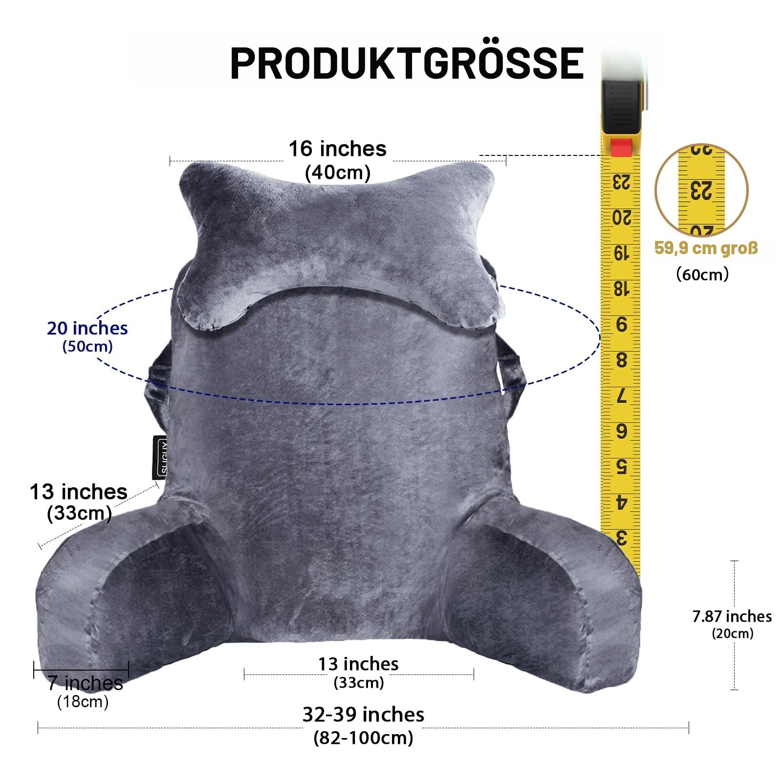 SLIGUY Lesekissen zum Sitzen im Bett Couch Erwachsene, Rückenkissen mit Taschen, Rückenkissen für Erwachsene Bettstuhl für Bettruhe, Lesen, Fernsehen, Gaming Dunkelgrau
