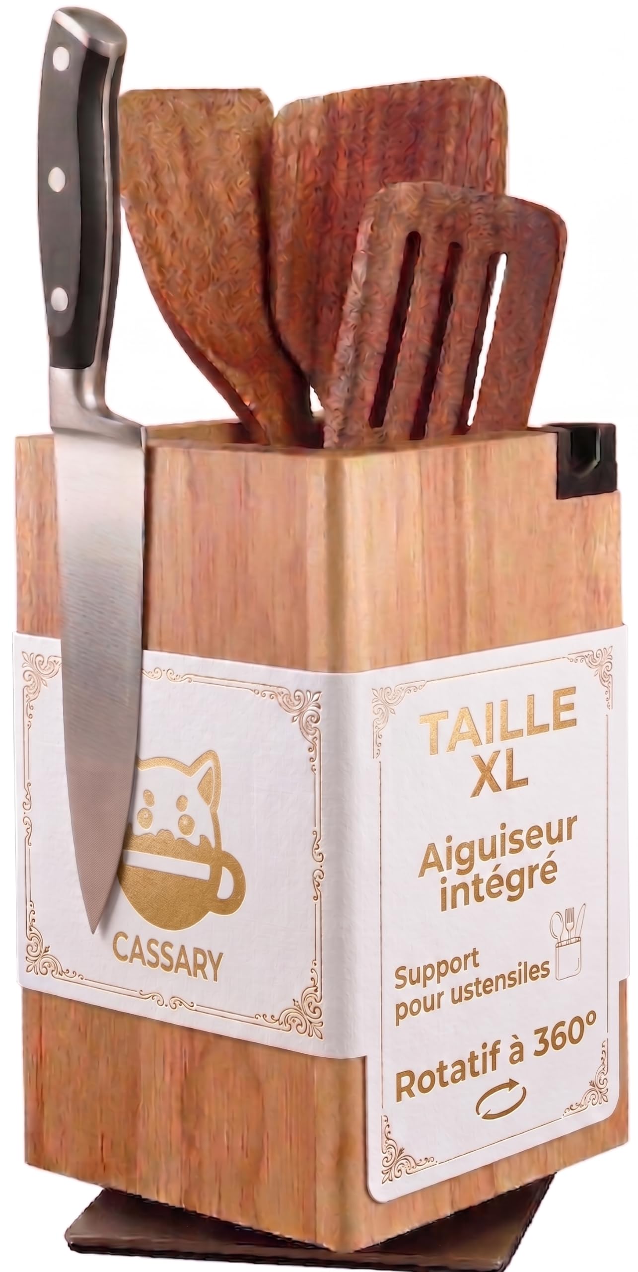 Porte couteaux magnétique rotatif XL en bois avec aiguiseur intégré