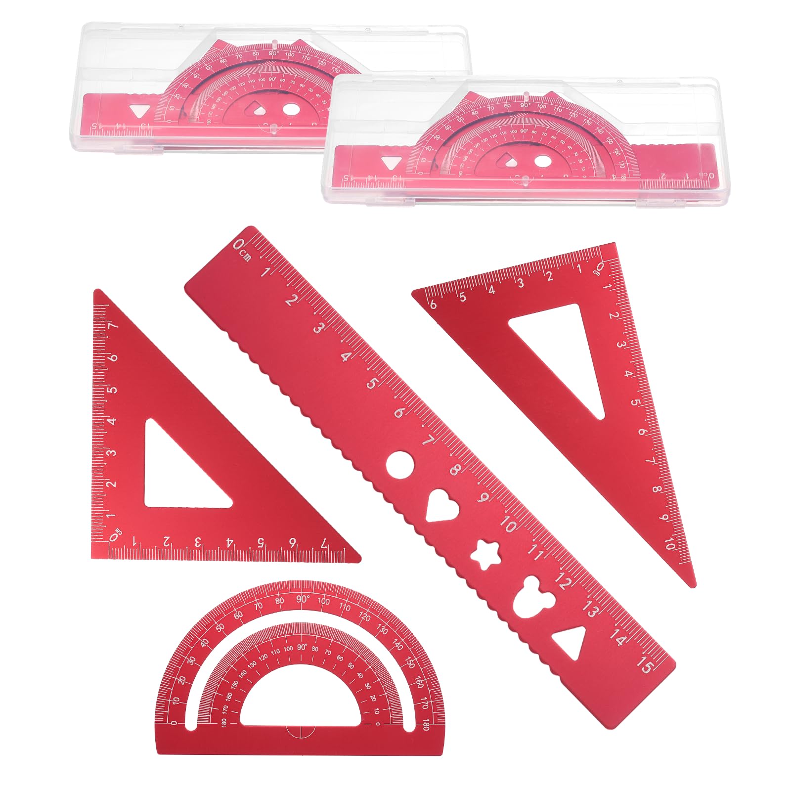 PATIKIL 8 Pcs Geometry Drafting Tool, Aluminum Alloy Geometry Kit Math Tool Includes 15cm L Ruler Protractor Triangles for Drafting Angle Measure Simple Science Experiment, Red