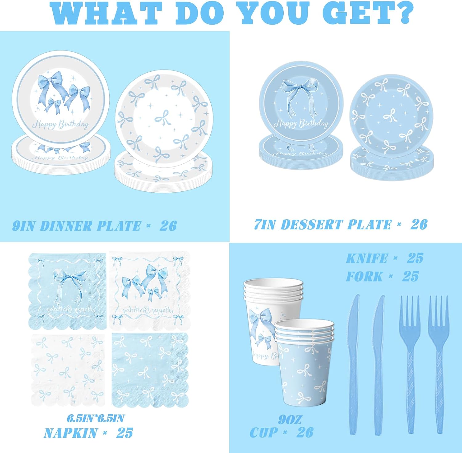 Blue Bow Party Supplies Serve 25,Coquette Birthday Decorations Blue Bow Plates and Napkins for Girls Women,Bridal Engagement Party Decor