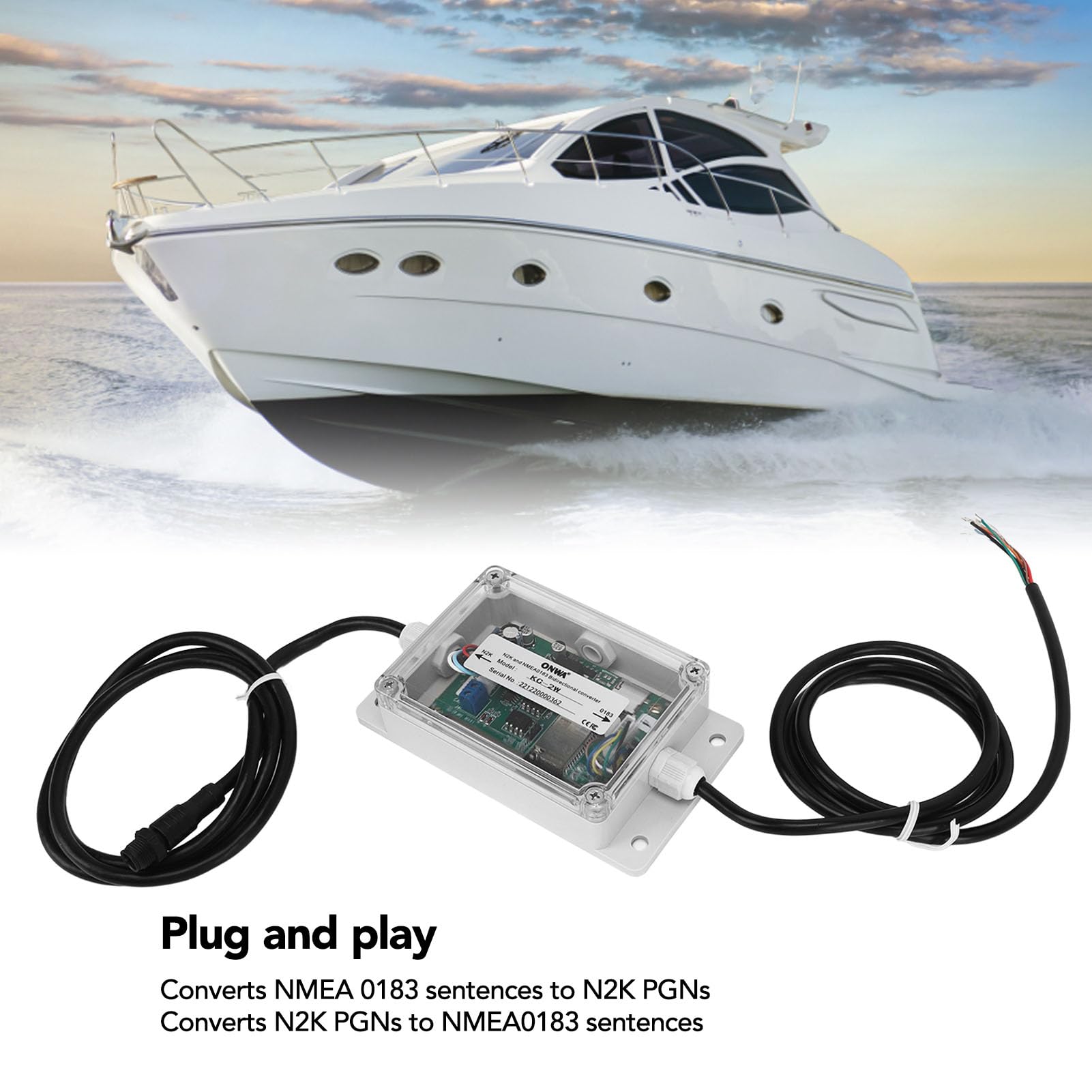 Conversor Bidireccional KC‑2W para NMEA2000 y NMEA0183 con Soporte y Sensor de Flujo de Instalación Plug and Play y Configuración Sencilla