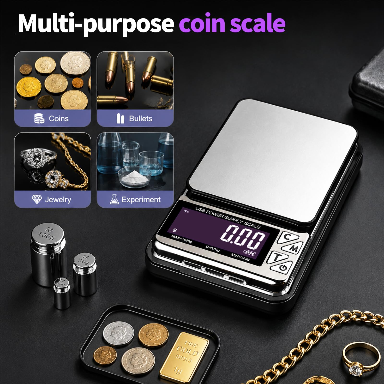 Báscula de monedas, báscula de joyería de 1000 g x 0,01 g con 7 unidades y 3 interfaces de carga, báscula digital portátil de bolsillo para coleccionistas de monedas, joyeros, oro, dólar plateado