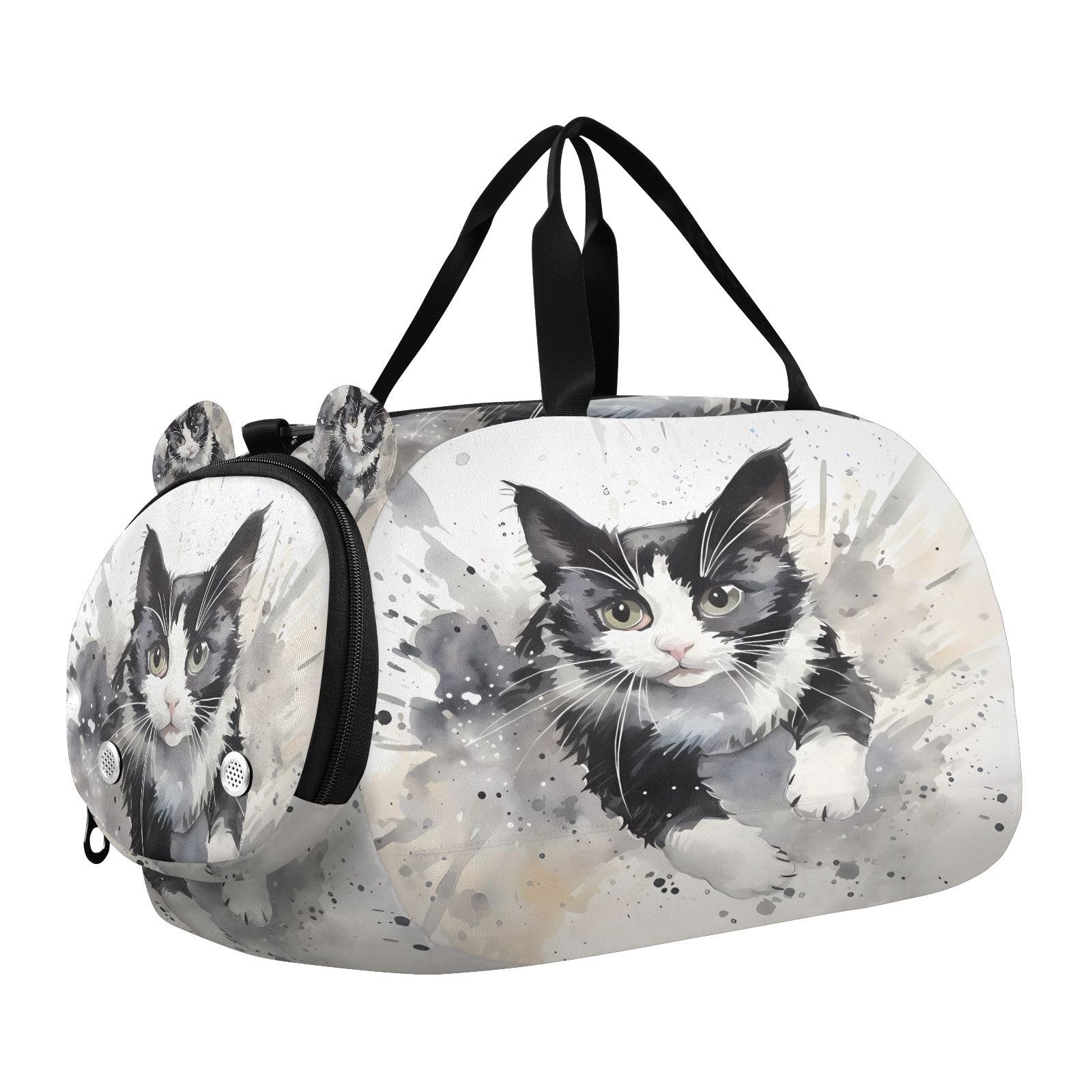 Travel Duffle Bag for Kids Boys Girls Cat Black Watercolor Sports Bag Overnighter Duffle Sleepover Weekender with Shoes Compartment