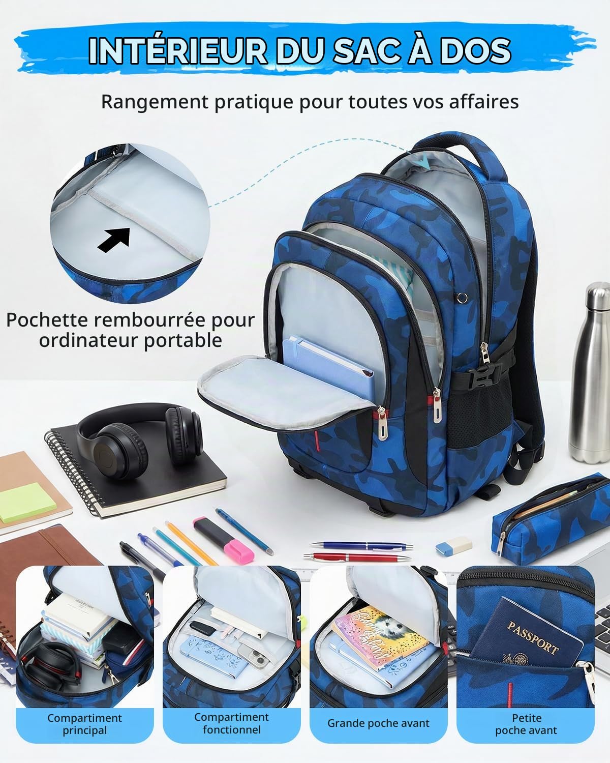 Cartable a Roulette pour Garçons, 26L Sac à Dos Scolaire pour Adolescents avec Chariot Démontable, Sac d'école College Camouflage Trolley Daypack pour les Voyages, Bleu