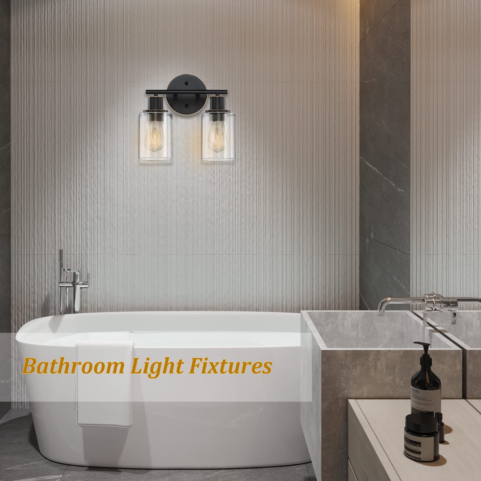 Pia Ricco Bathroom Vanity Light Fixtures, 2-Light Bathroom Wall Lights with Clear Glass Shades, Oil Rubbed Bronze Modern Wall Sconce Over Mirror, Bath Wall Sconces for Living Room Bedroom Hallway