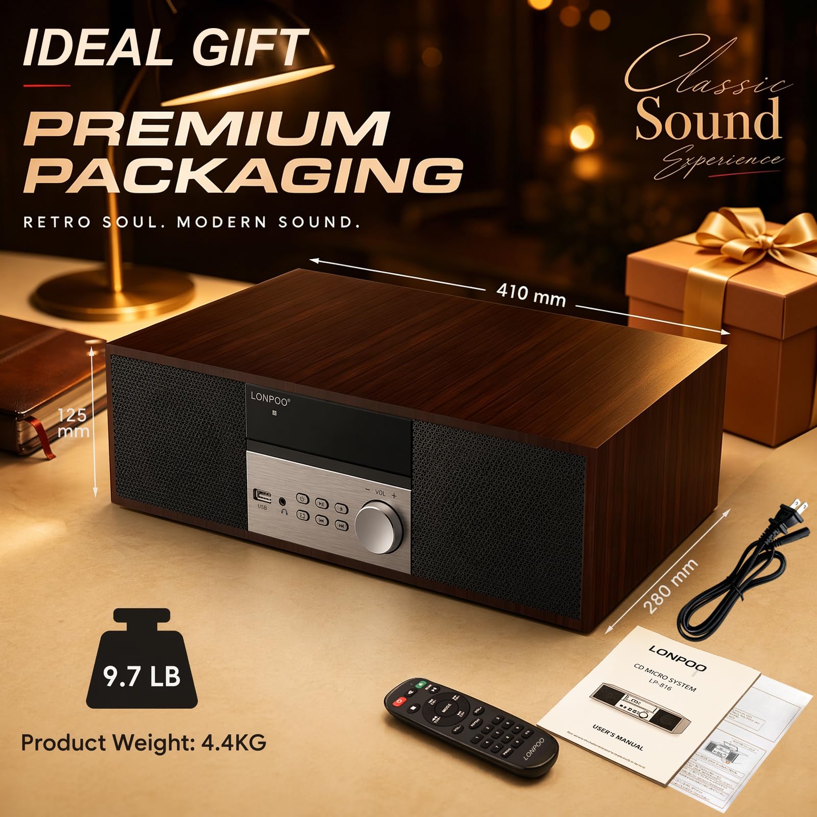 Sistema estéreo Compacto con Reproductor de CD, Bluetooth, Radio FM, Entrada USB/AUX (LP816-DN)