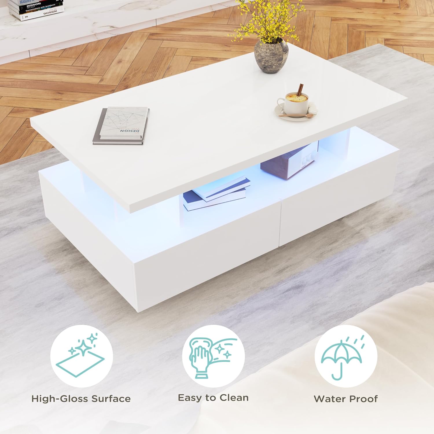 MHOM 41.3" LED Coffee Table, Modern White High Gloss Living Room Table with 4 Drawers, Stylish Center Table for Living Room, Office and Apartment, White