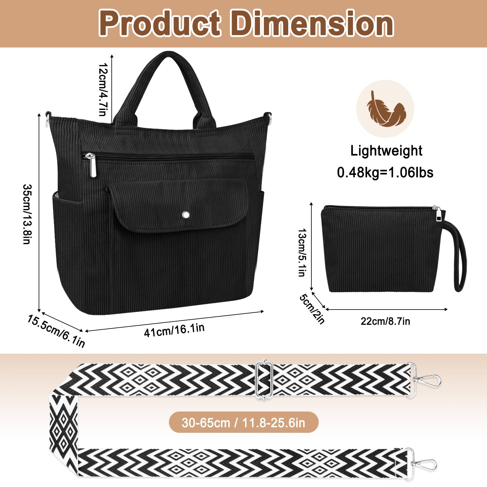 Grande Sac a Main Femme Velours Côtelé Sac Fourre Tout Sac Cabas Sac Multipoches avec Bandoulière Amovible Fermeture Éclair Sac Cours Lycee Sac Besace pour Shopping Travail Université