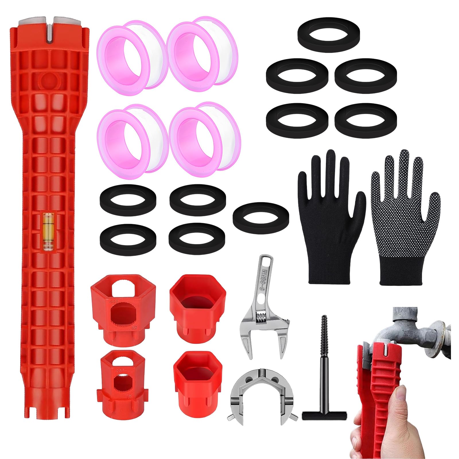 Tap Spanner Set with 14-in-1 Basin Wrench, Adjustable Spanner, PTFE Tape & Washers β Plumbing Wrench Kit for Faucet, Sink & Valve Installation β Ideal for Kitchen, Bathroom, and Toilet Use