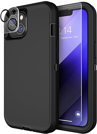 MXX Heavy Duty Made for iPhone 14 Case with Tempered Glass Screen, Camera Lens Protector 3-Layer Full Body Protection Shockproof Dustproof Cover for 14 Phone Case 6.1" Black